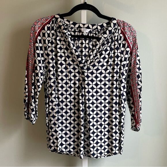 Crown & Ivy Navy and White V-Neck Patterned Blouse - Picture 1 of 3